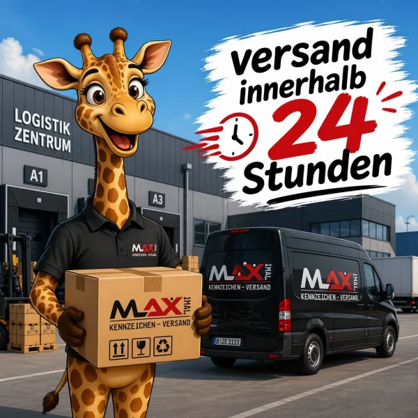 Giraffe mit Paket und Van